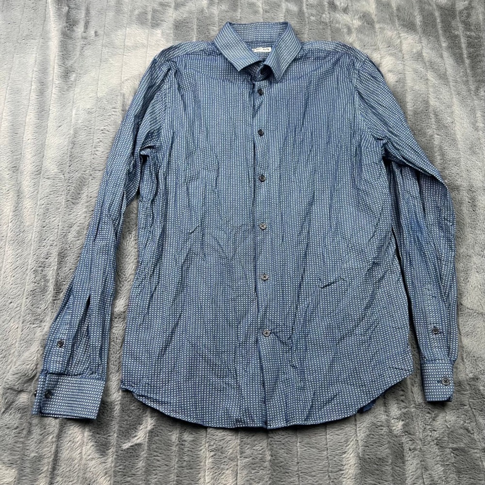 Express Extra Slim Mens L Navy Blue Geometric Circle Print Cotton Button Shirt